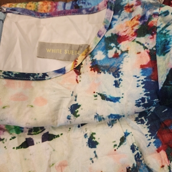 White suede brand Long sleeve bodycon fitted art multicolor abstract mini dress - Picture 6 of 15